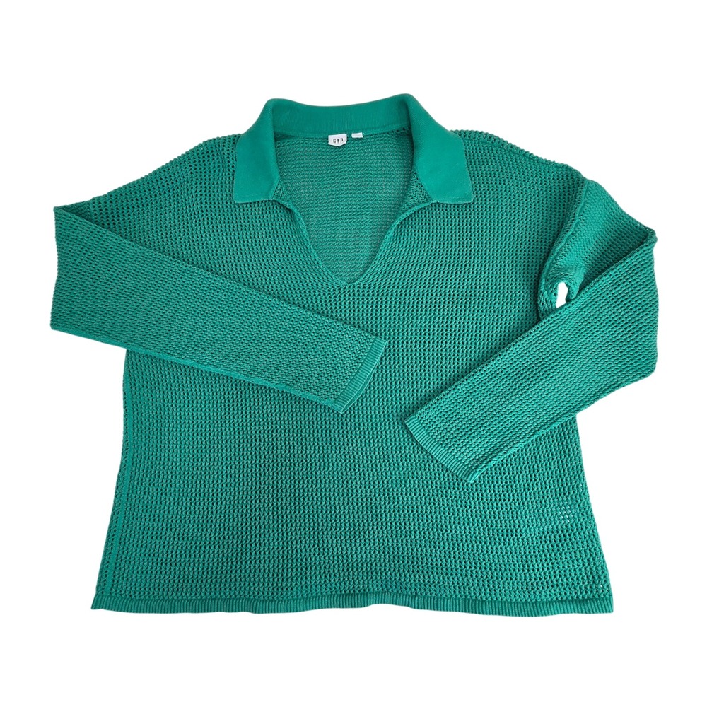 Gap Womens XXL Simply Green Crochet Polo Sweater Long Sleeve Cotton Yacht Preppy